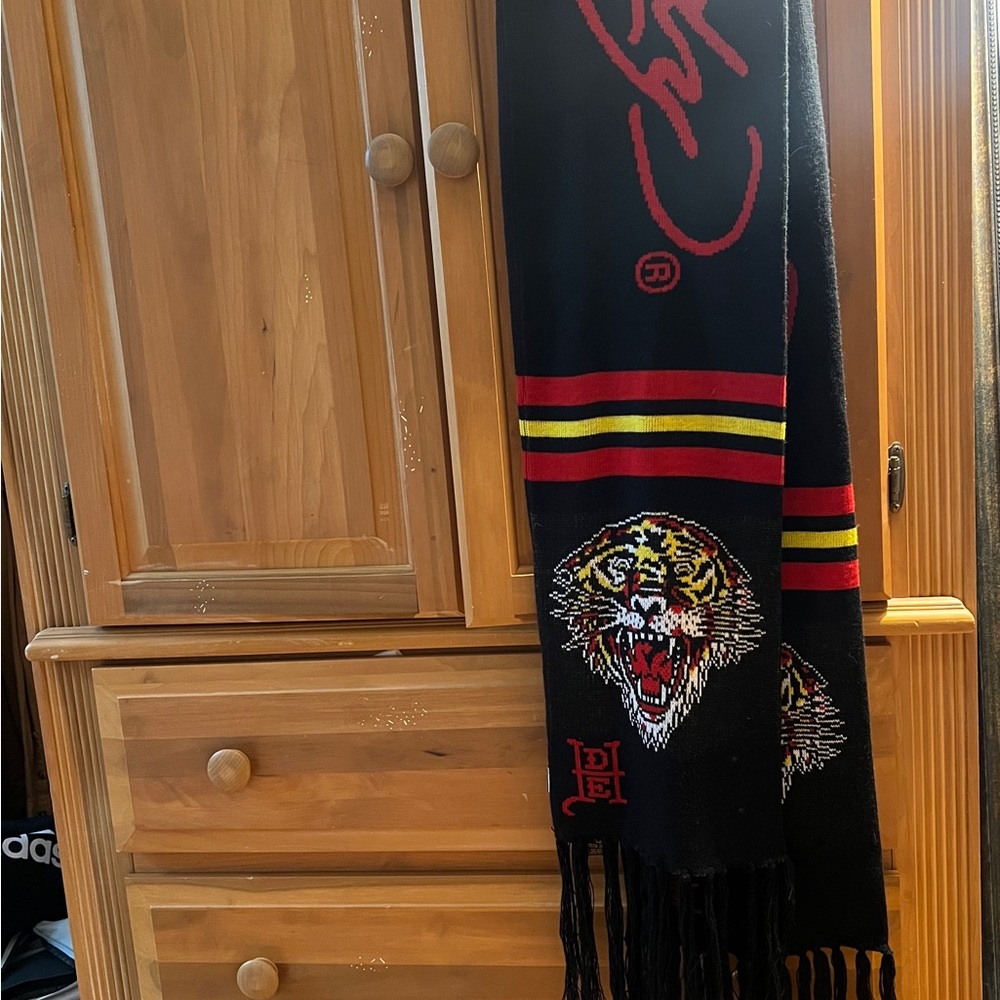 ED HARDY Black and Red Scarf with Tiger Motif
